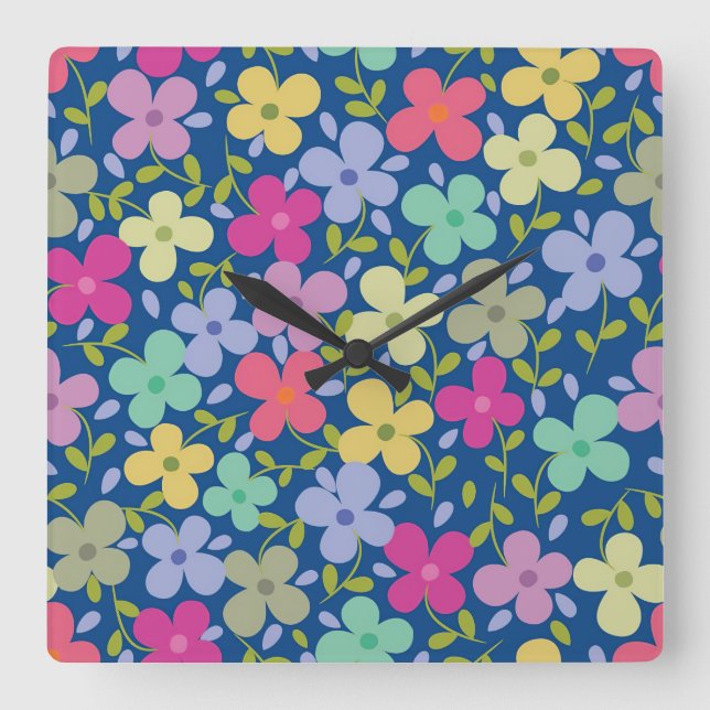 New Home Gift | Spring Floral Seamless Square Wall Clock (Front)