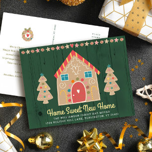 New Home Gingerbread Rustic Green Holiday Moving Announcement Postcard
