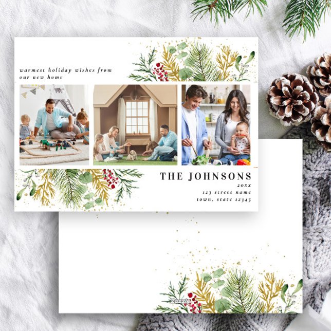 New Home Gold Winter Botanical Greenery 3 Photo Holiday Card (Creator Uploaded)