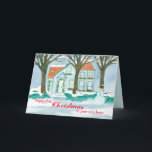 New Home Happy Christmas Real Estate Card<br><div class="desc">Happy first Christmas in your new home greetings featuring a house decorated with wreaths of greenery and berries with snow flocked bushes and trees and a happy snowman out front. The inside has a light shade of turquoise and another little snowman with red text that you can edit to fit...</div>