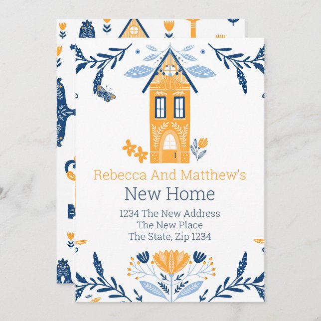 New Home Hygge Blue Yellow House and Flowers Invitation (Front/Back)