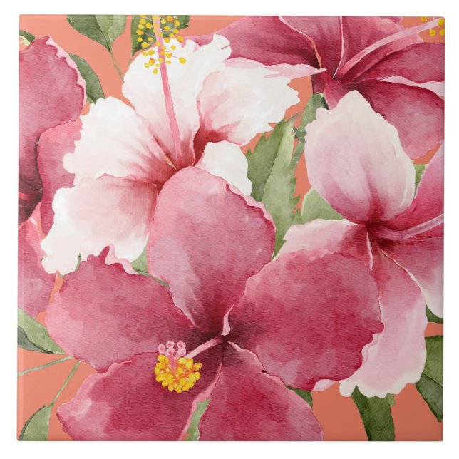 New home living elegant watercolor flowers pink ceramic tile (Front)