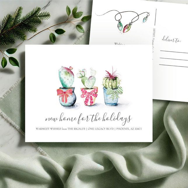 New Home Moving Announcement Christmas Cactus (Christmas cactus new address moving announcement postcard watercolor art by Victoria Grigaliunas)