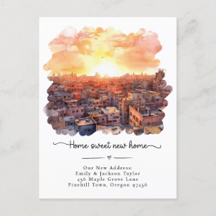 New Home - New Address Watercolor City Announcement Postcard