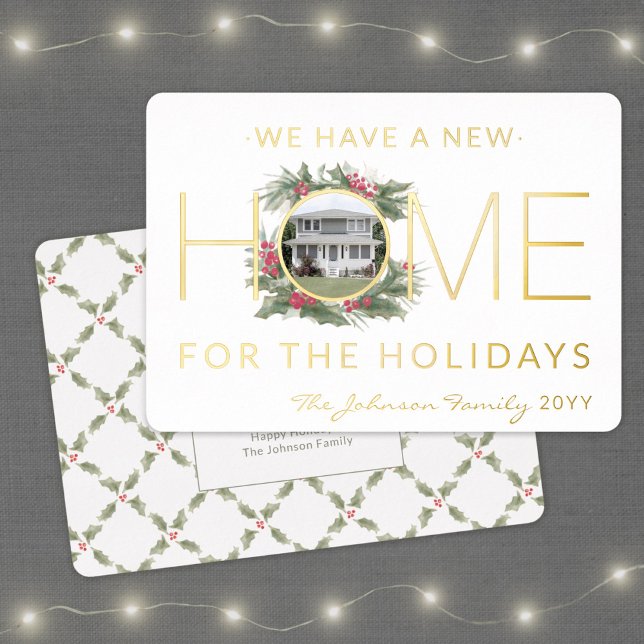 New Home Photo Christmas Wreath Change of Address Foil Holiday Card (Creator Uploaded)