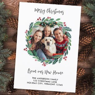 New Home Photo Greenery Wreath Christmas Moving  Announcement