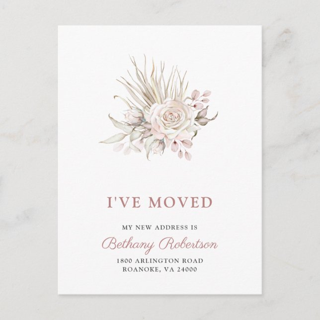 New Home Pink Roses Eucalyptus Dried Palm Moving Announcement Postcard (Front)