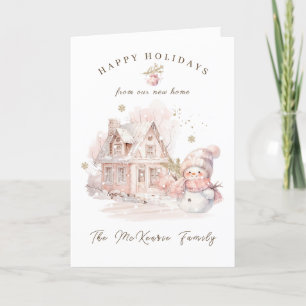 New Home Pink Snowman Christmas Holiday Card