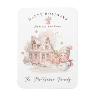 New Home Pink Snowman Christmas Magnet