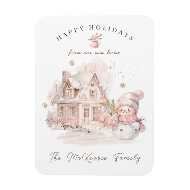 New Home Pink Snowman Christmas Magnet (Vertical)