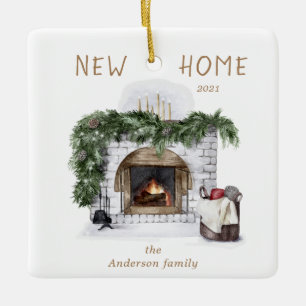 new home rustic fireplace photo Ceramic Ornament