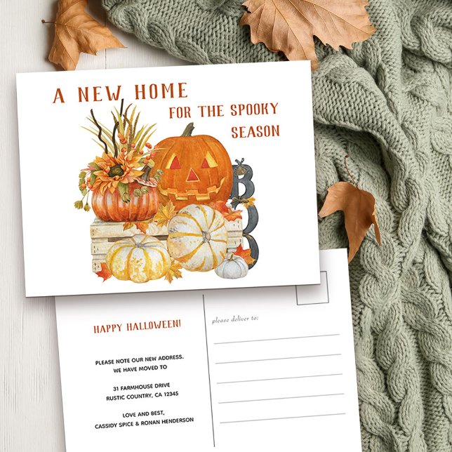 New Home Rustic Happy Halloween Moving Holiday Postcard (New address and Happy Halloween Postcard with rustic fall pumpkins)