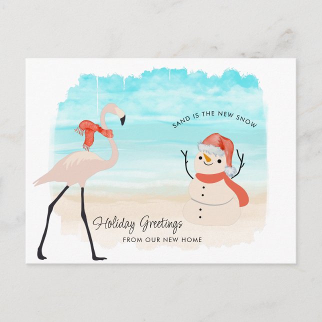 New Home Sandy Snowman Flamingo on Beach Holiday Postcard (Front)