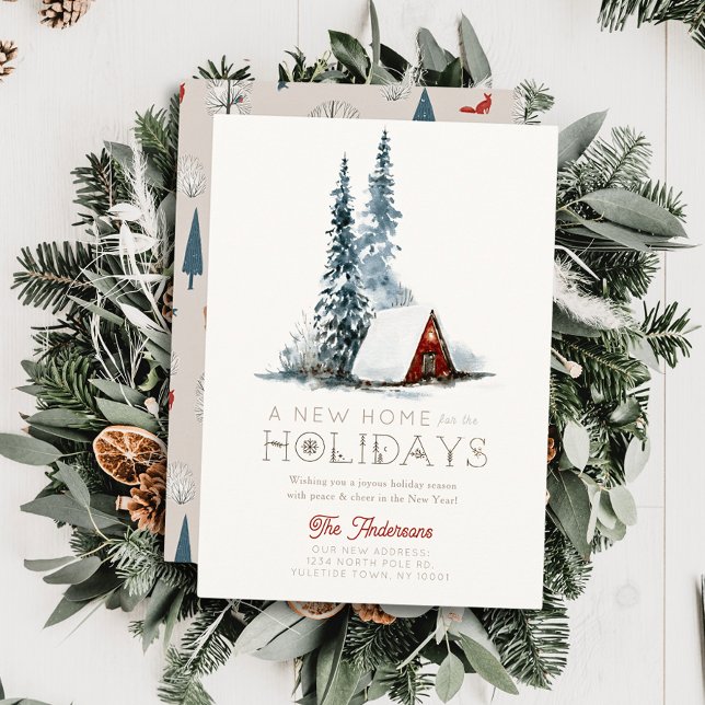 New Home Small Red Cabin Winterscape Christmas Holiday Card (Creator Uploaded)