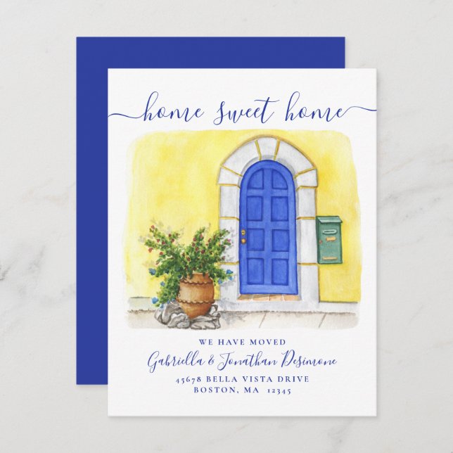 New Home Sweet Home Watercolor Blue Yellow Moving  Announcement (Front/Back)