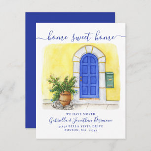 New Home Sweet Home Watercolor Blue Yellow Moving Announcement