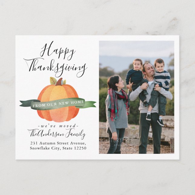 New Home Thanksgiving Pumpkin Photo Holiday Moving Announcement Postcard (Front)