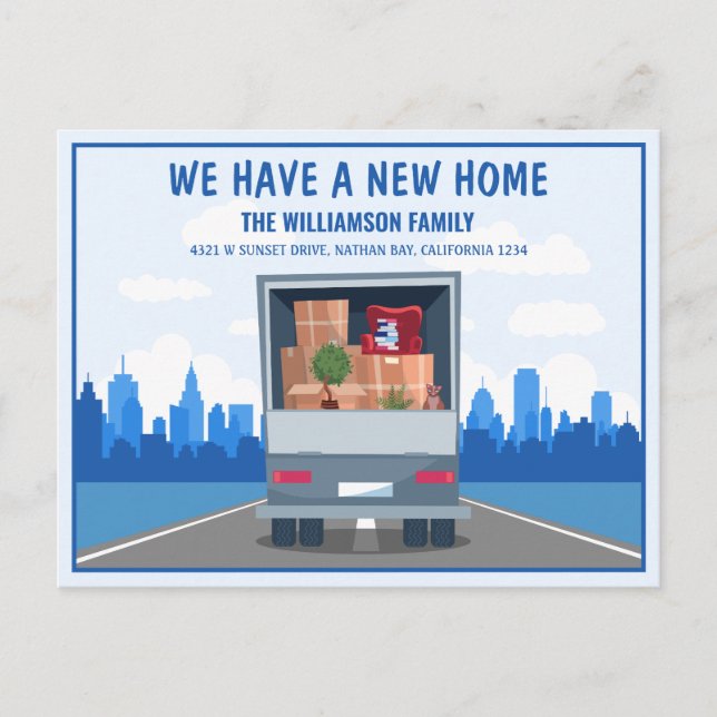 New Home Truck and Blue Cityscape Moving Announcement Postcard (Front)