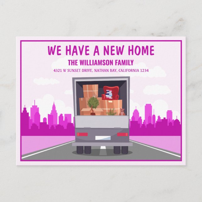 New Home Truck and Pink Cityscape Moving Announcement Postcard (Front)