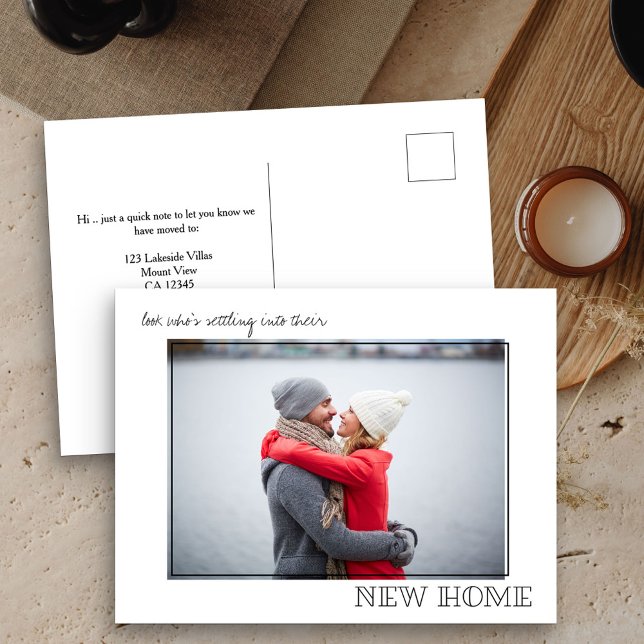 New Home Typography Minimalist Photo Moving Announcement Postcard (New Address postcard with horizontal photo)