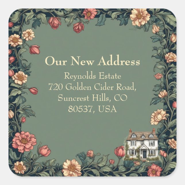 New House Address William Morris Inspired Garden Square Sticker (Front)