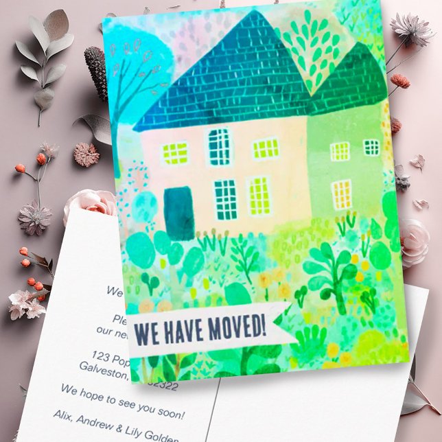New House Moving Announcement Change Address Sweet Postcard (Moving announcement address change postcard with watercolor house and garden. Customize it!)