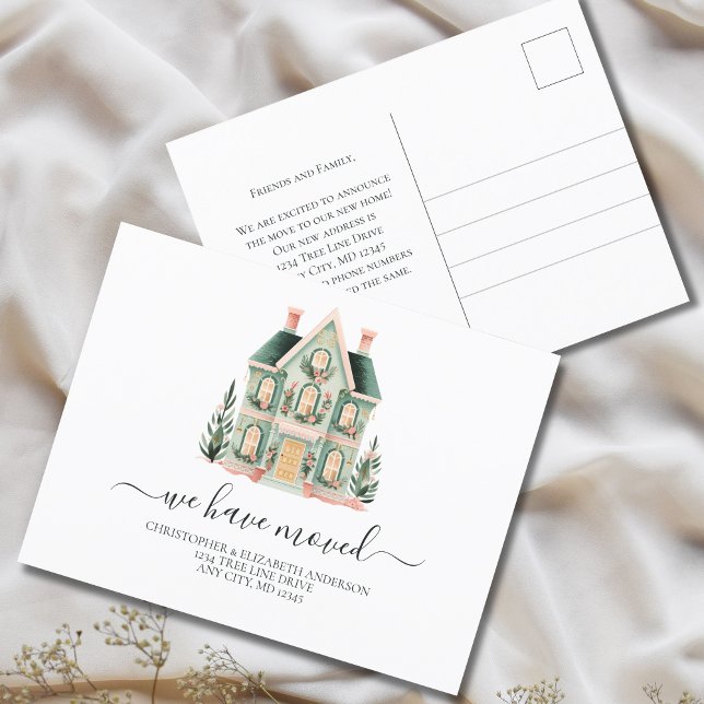 New House Script Moving  Announcement Postcard ({Personalized Cute Whimsical House Moving announcement postcard.)