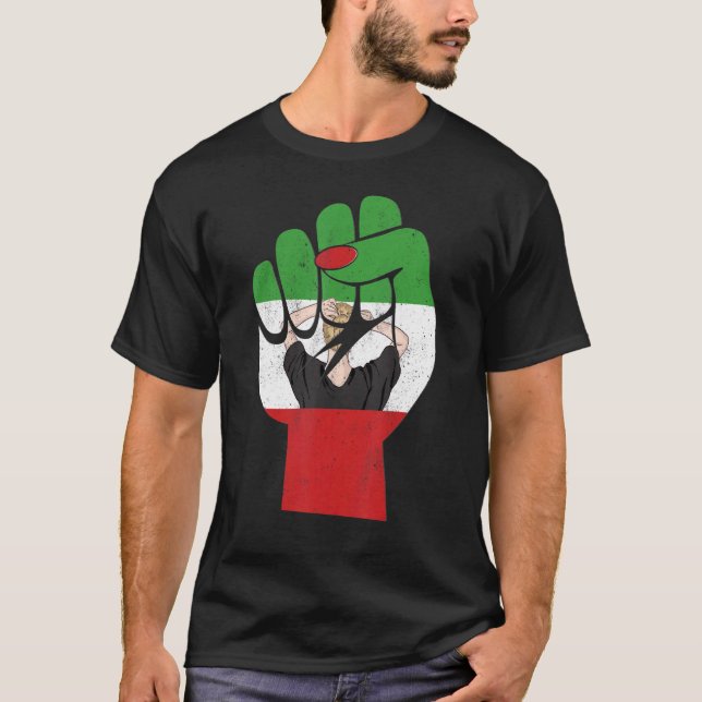 New Iranian Flag w Girl Female Fist Support Women  T-Shirt (Front)