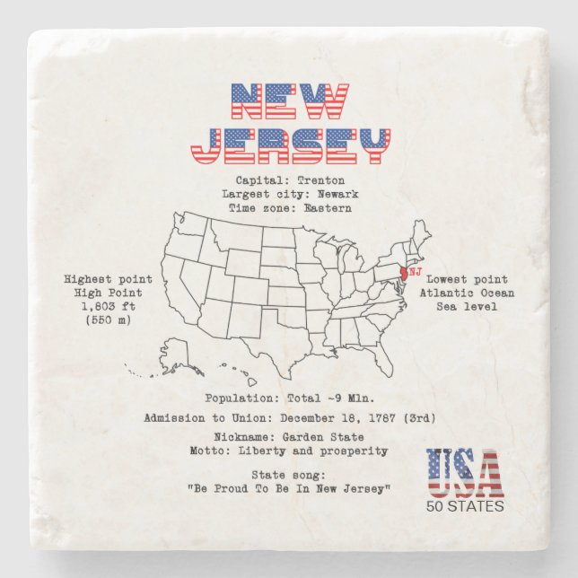 New Jersey American state on a map and useful info Stone Coaster (Front)