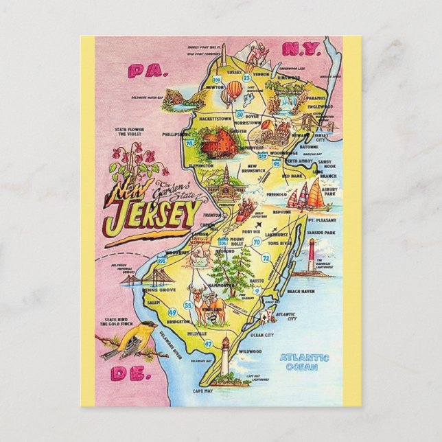 New Jersey Colourfully Illustrated  Postcard (Front)
