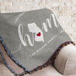 New Jersey Home State Personalised Rustic Throw Blanket<br><div class="desc">Show some home state pride with this cute rustic grey throw blanket featuring "home" in white calligraphy script lettering with a silhouette map of the state of New Jersey standing in for the letter "O." A red heart illustration inside the state map completes the design; you can change the position...</div>