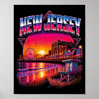 New Jersey Retro Beach Sunset Boardwalk Travel Poster