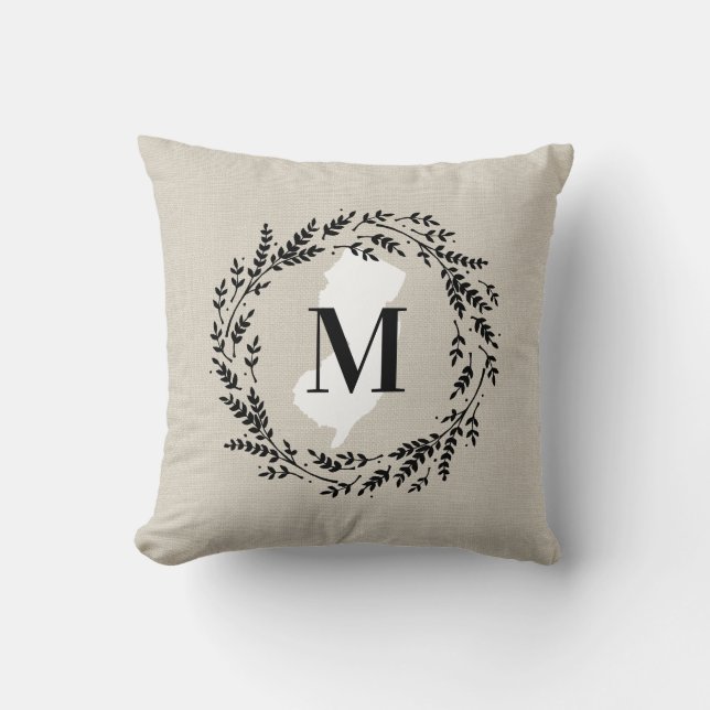 New Jersey Rustic Wreath Monogram Throw Pillow (Front)