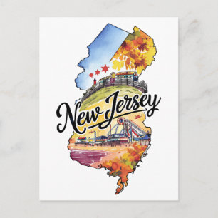 New Jersey USA State Shaped Vintage Watercolor Postcard