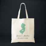 New Jersey Wedding Welcome Tote Bag<br><div class="desc">Welcome out of town wedding guests with a bag full of snacks and treats personalised with the state where you're getting married and the bride and groom's names and wedding date. Click Customise It to move the heart to show any city or location on the state map. Use the design...</div>