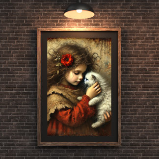 New Kitten, New Love - Young girl and Cat Art Poster
