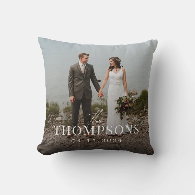 New Last Name Wedding Photo and Date Cushion (Front)