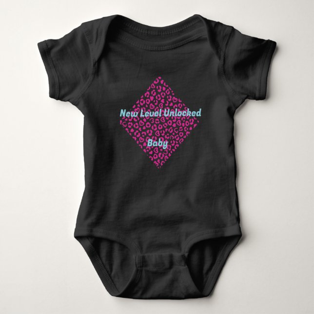 New Level Unlocked Baby Pink Leopard Print Black Bodysuit (Front)