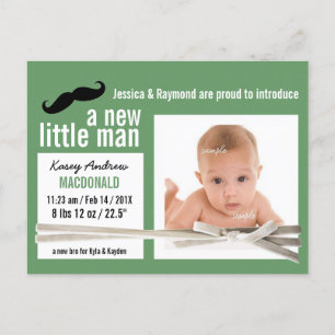New Little Man Green Photo Birth Announcement Postcard