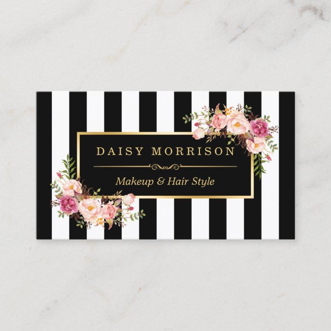 (New) Makeup Artist Beauty Salon Floral Stripes Business Card (Front)
