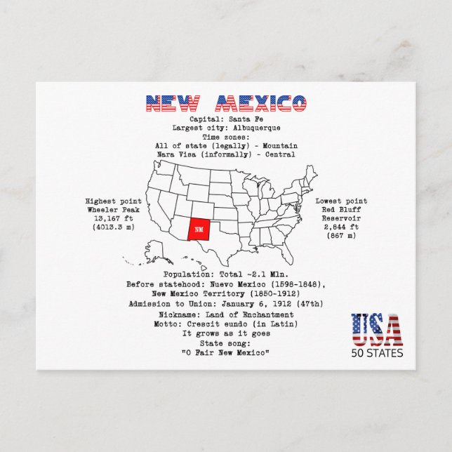 New Mexico American state on a map and useful info Holiday Postcard (Front)
