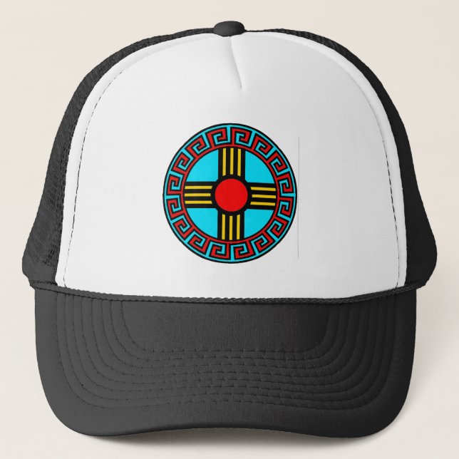 New Mexico and Native Zia Sun God Symbol Trucker Hat (Front)