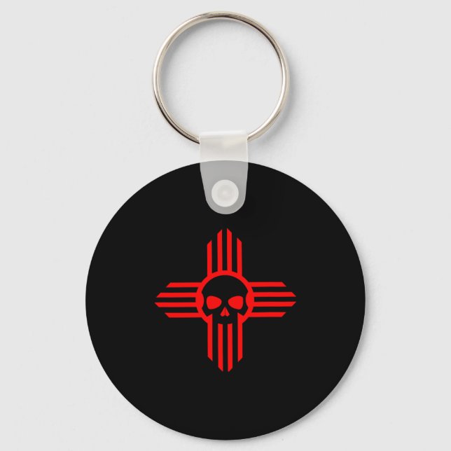 New Mexico Flag Zia Sun Skull ; State Pride Tee  Key Ring (Front)