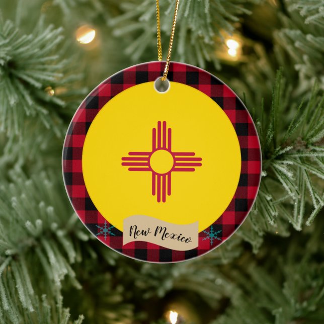 New Mexico, Red buffalo plaid & New Mexican Flag Ceramic Ornament (Tree)