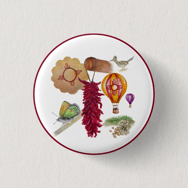New Mexico Red Chile Pinõn Zia Hot Air Balloon  3 Cm Round Badge (Front)