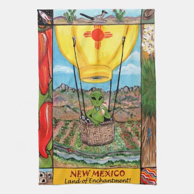 New Mexico Roswell Alien Funny Hot Air Balloon Zia Tea Towel (Vertical)