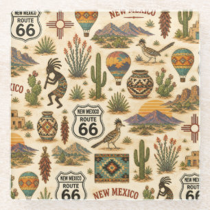 New Mexico Route 66 Vintage Southwest Pattern Glass Coaster