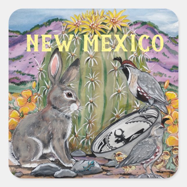 New Mexico Southwest Animal Cactus Art Souvenir Square Sticker (Front)