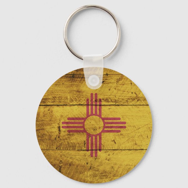 New Mexico State Flag on Old Wood Grain Key Ring (Front)