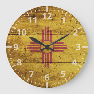 New Mexico State Flag on Old Wood Grain Large Clock